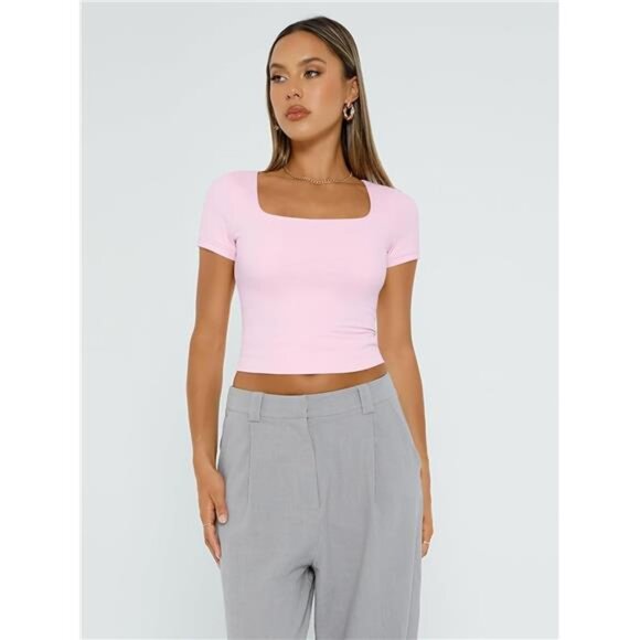 Short Sleeve T Shirts Square Neck Crop Tops for Women - Picture 3 of 8